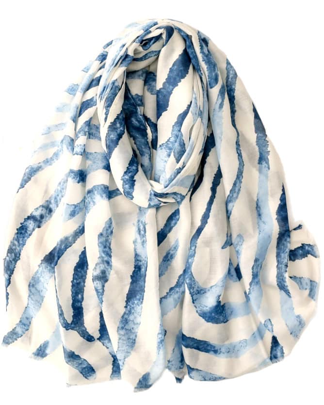 Tørklæde med zebra print i råhvid og blå